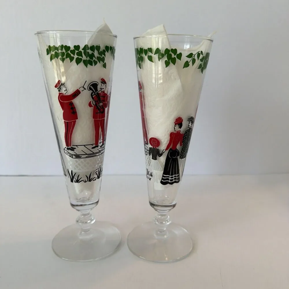 Vintage Pilsner Beer Glasses Pair Footed Barware Musicians Victorian Pub Tavern